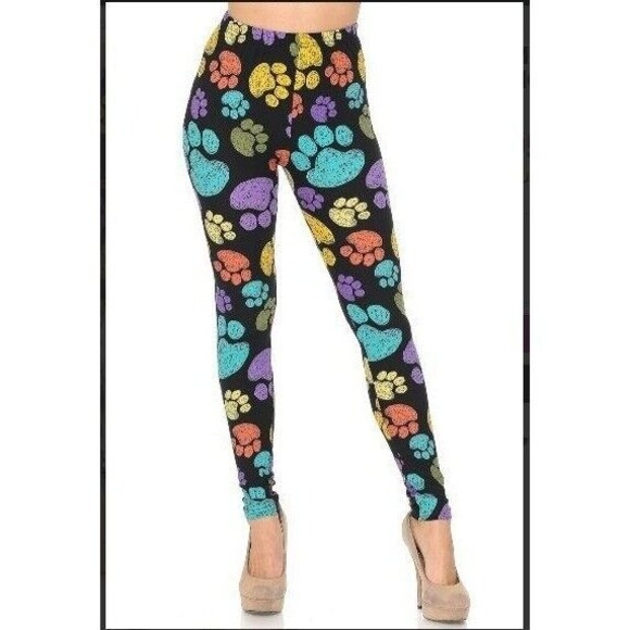Plus Size Women Brown & Black Dog Paw Print Full Length Leggings - Picture 3 of 5